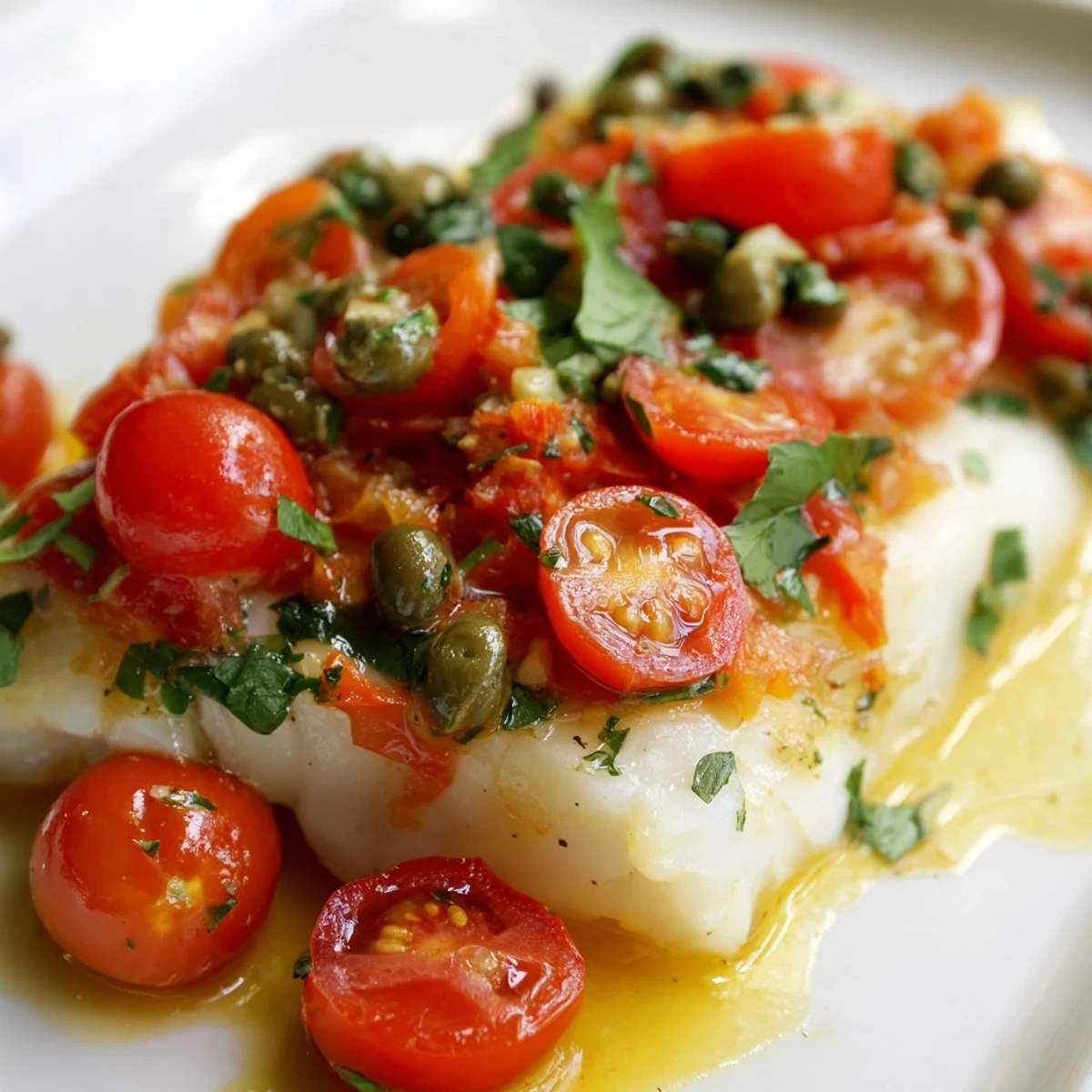 Tender baked cod with a lemony cherry tomato sauce, presented on a white plate ready for a healthy weeknight dinner.
