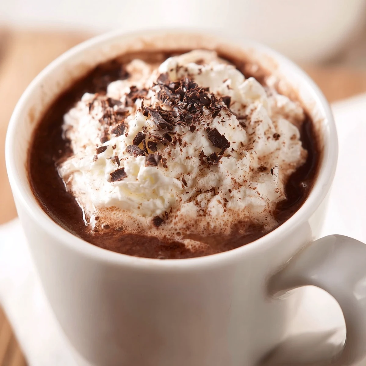 Steaming Spiced Hot Chocolate with Whipped Topping poured from a small saucepan with cocoa dust.