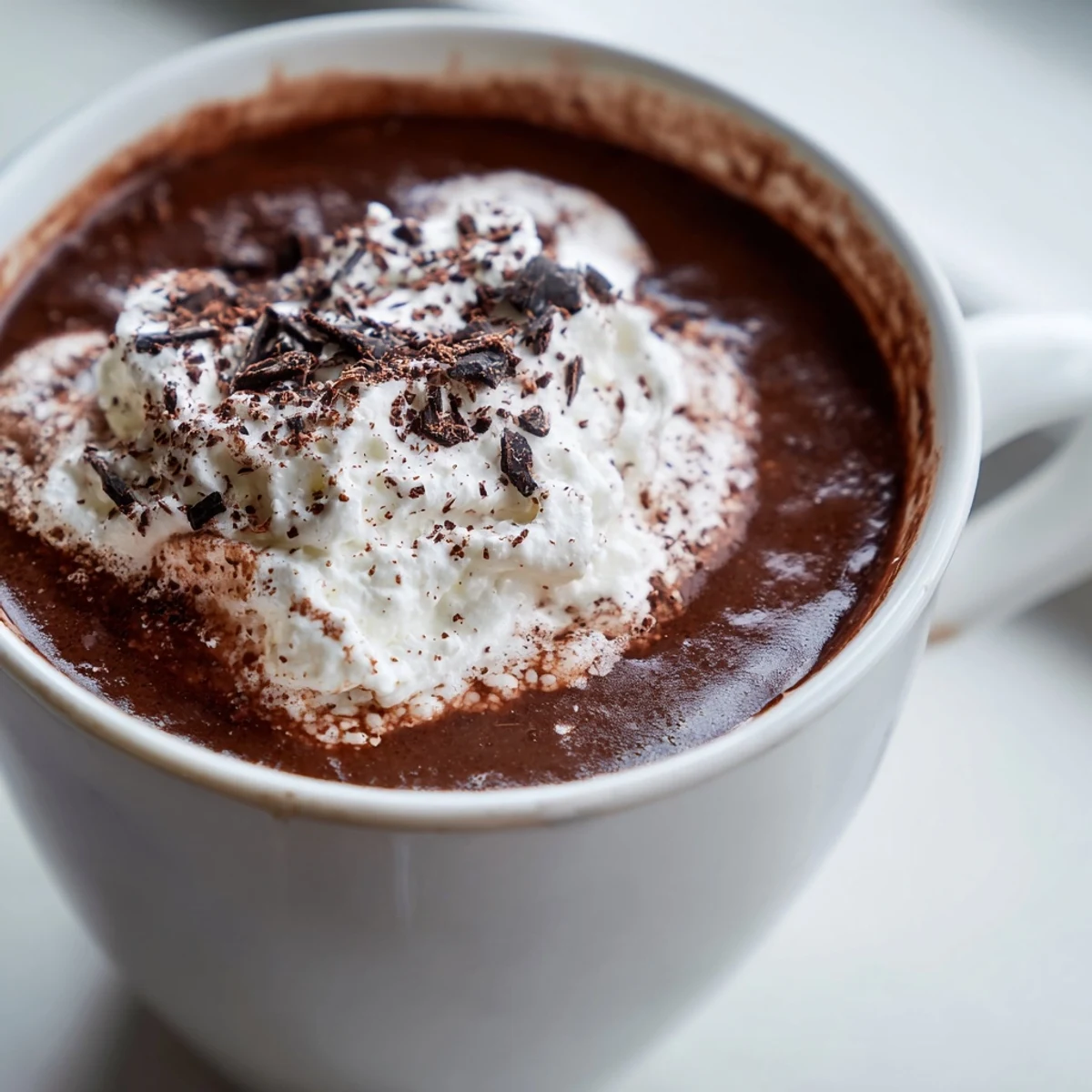 Two warm mugs of Spiced Hot Chocolate with Whipped Topping beside cinnamon sticks and chocolate shavings.