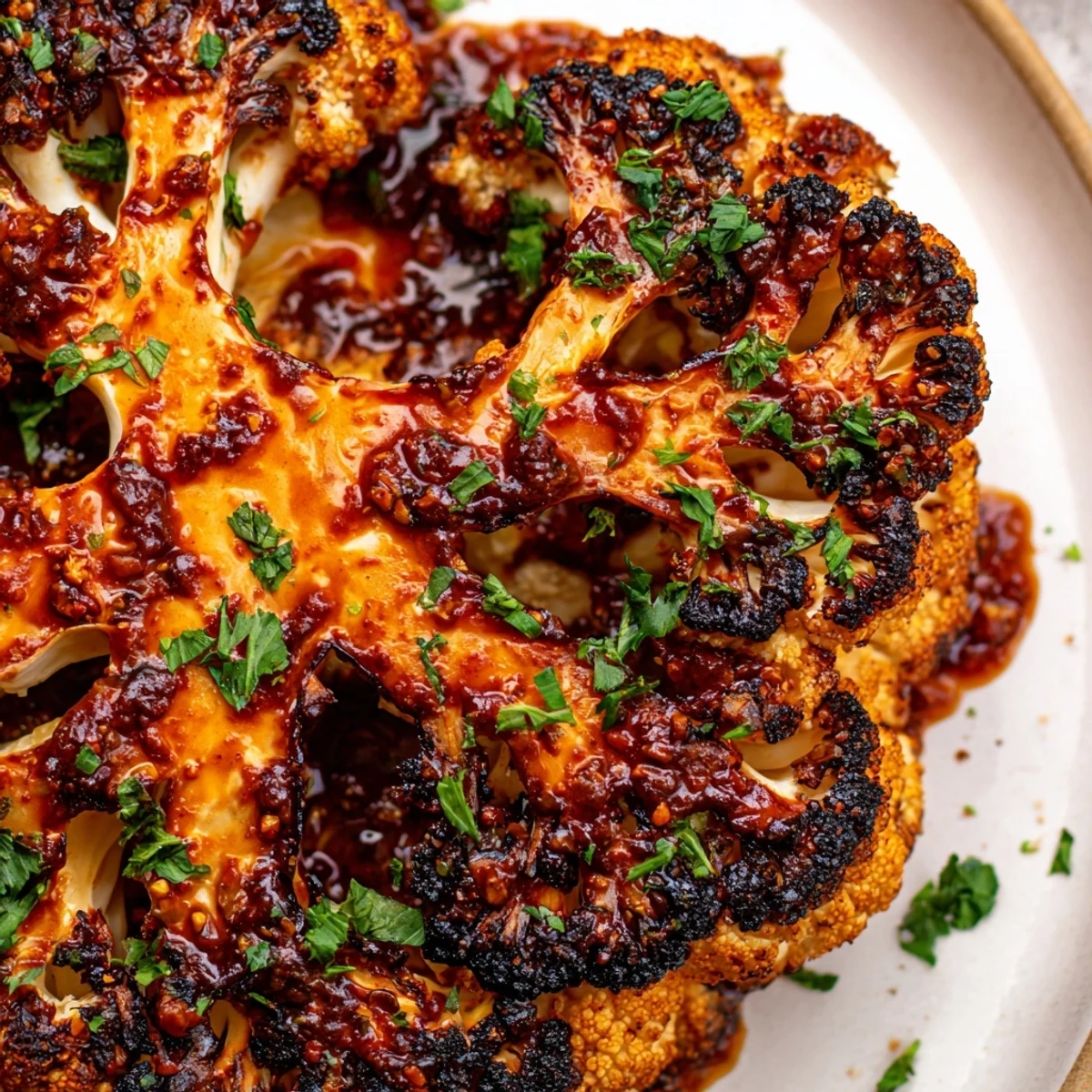 Golden-brown roasted cauliflower steaks with harissa glaze sit on a white plate, garnished with fresh parsley. 