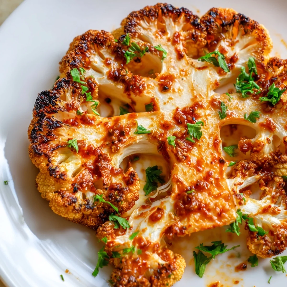 Charred, thick cauliflower steaks are brushed with a glossy red harissa sauce for a vibrant presentation. 