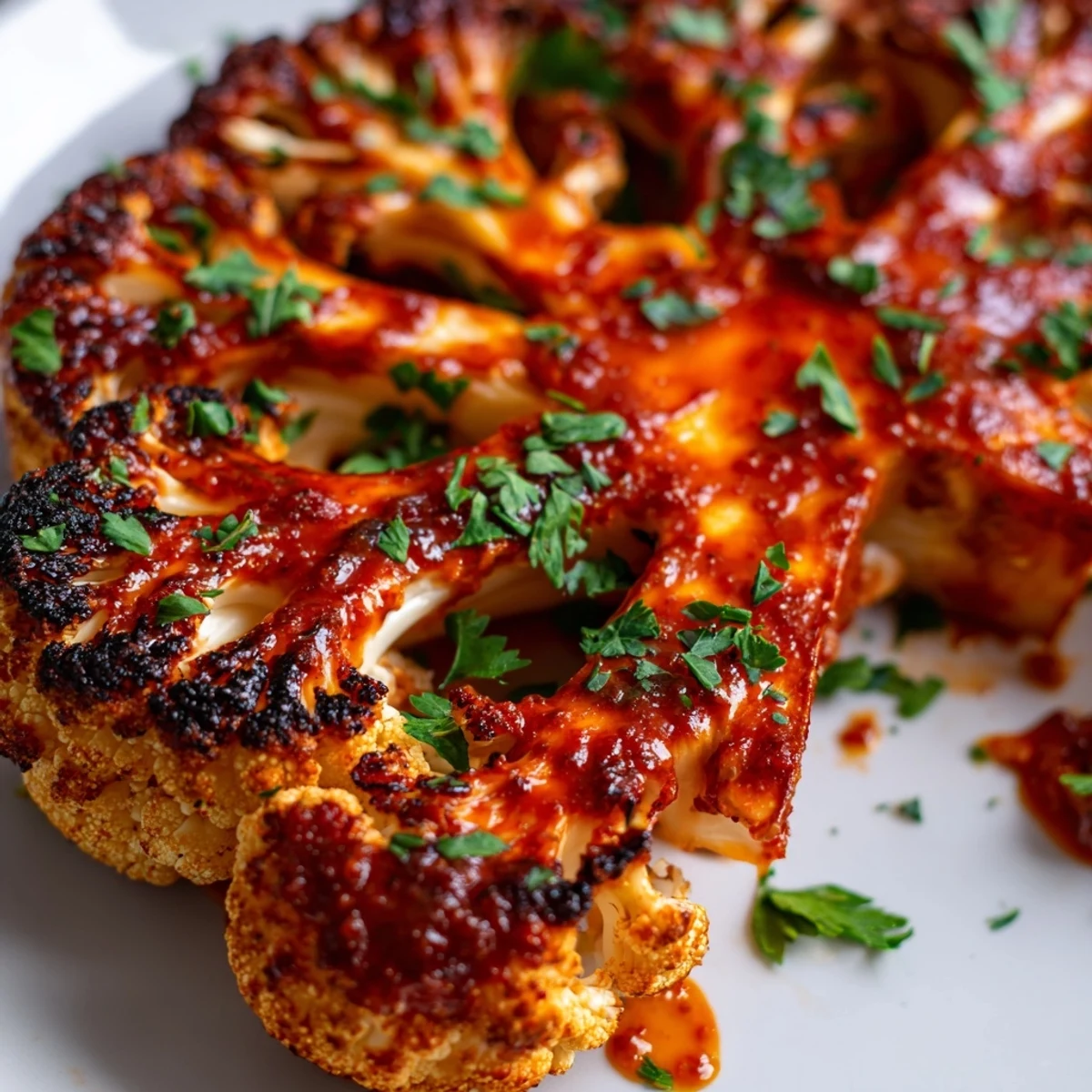 Vegan roasted cauliflower steaks with harissa and lemon are plated beside couscous and a green salad.