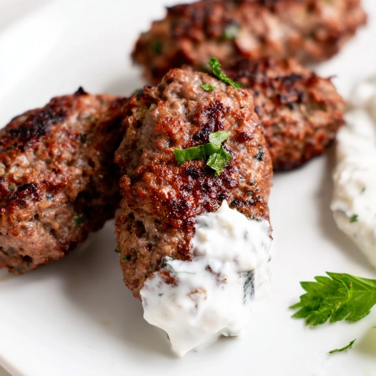 Sizzling grilled Beef Kofta Kebabs with Tzatziki on a plate, garnished with fresh dill.