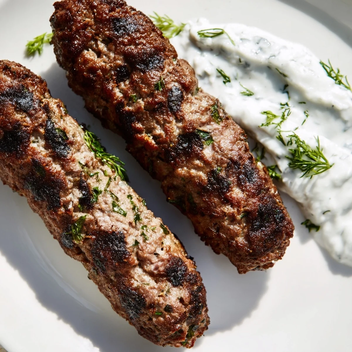 Perfectly charred Beef Kofta Kebabs with Tzatziki served warm with lemon wedges and herbs.