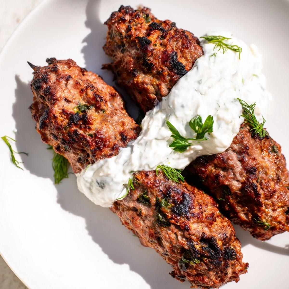 Homemade Mediterranean Beef Kofta Kebabs with Tzatziki ready to serve alongside fresh pita bread.