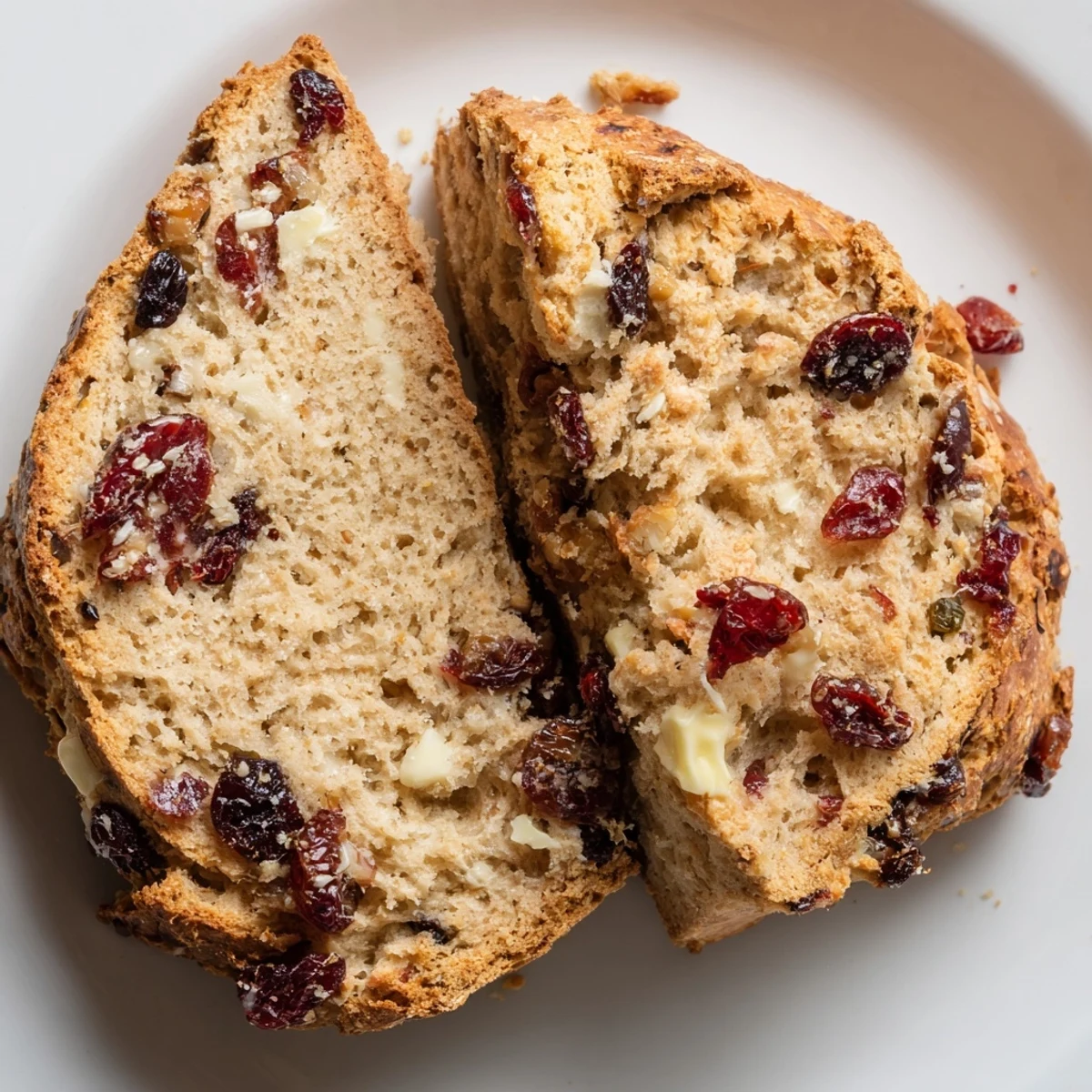 A warm slice of Cranberry and Walnut Soda Bread on a plate, thickly spread with melting butter and a drizzle of honey.
