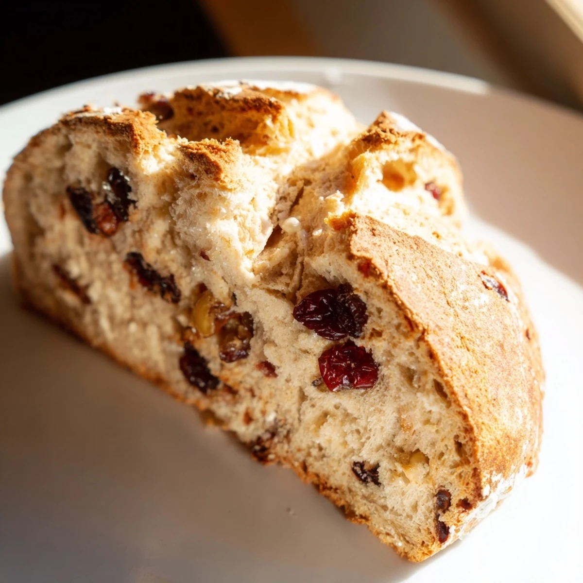 Freshly baked Cranberry and Walnut Soda Bread loaf with a deep X cut on top, showing tart cranberries and crunchy walnuts.