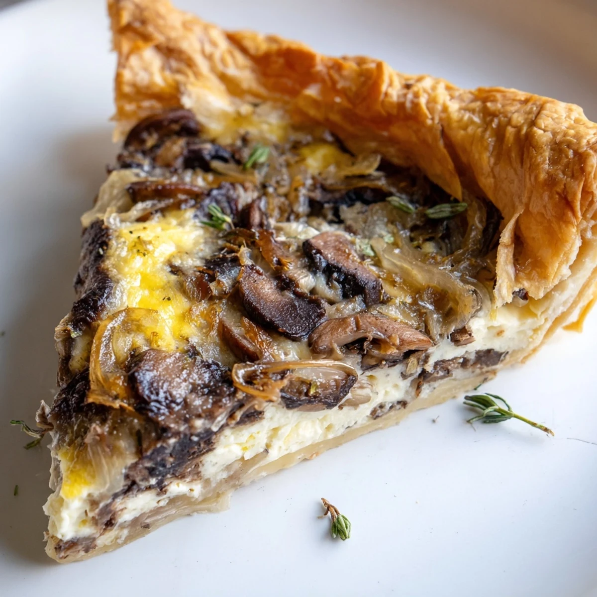 Freshly baked Savory Mushroom and Onion Tart with a golden, flaky crust, served warm with a side salad and a glass of white wine.