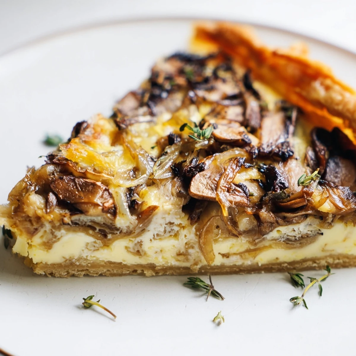 Close-up of a Savory Mushroom and Onion Tart slice, revealing creamy egg and Gruyère filling packed with caramelized onions and earthy mushrooms.