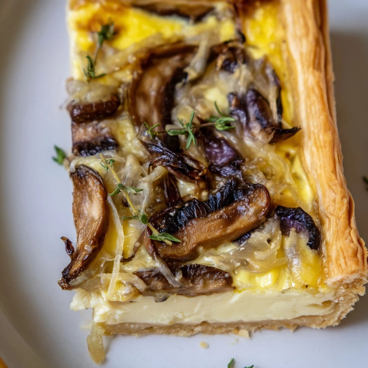 Golden-brown Savory Mushroom and Onion Tart garnished with fresh chives, cut into wedges on a rustic wooden serving board.