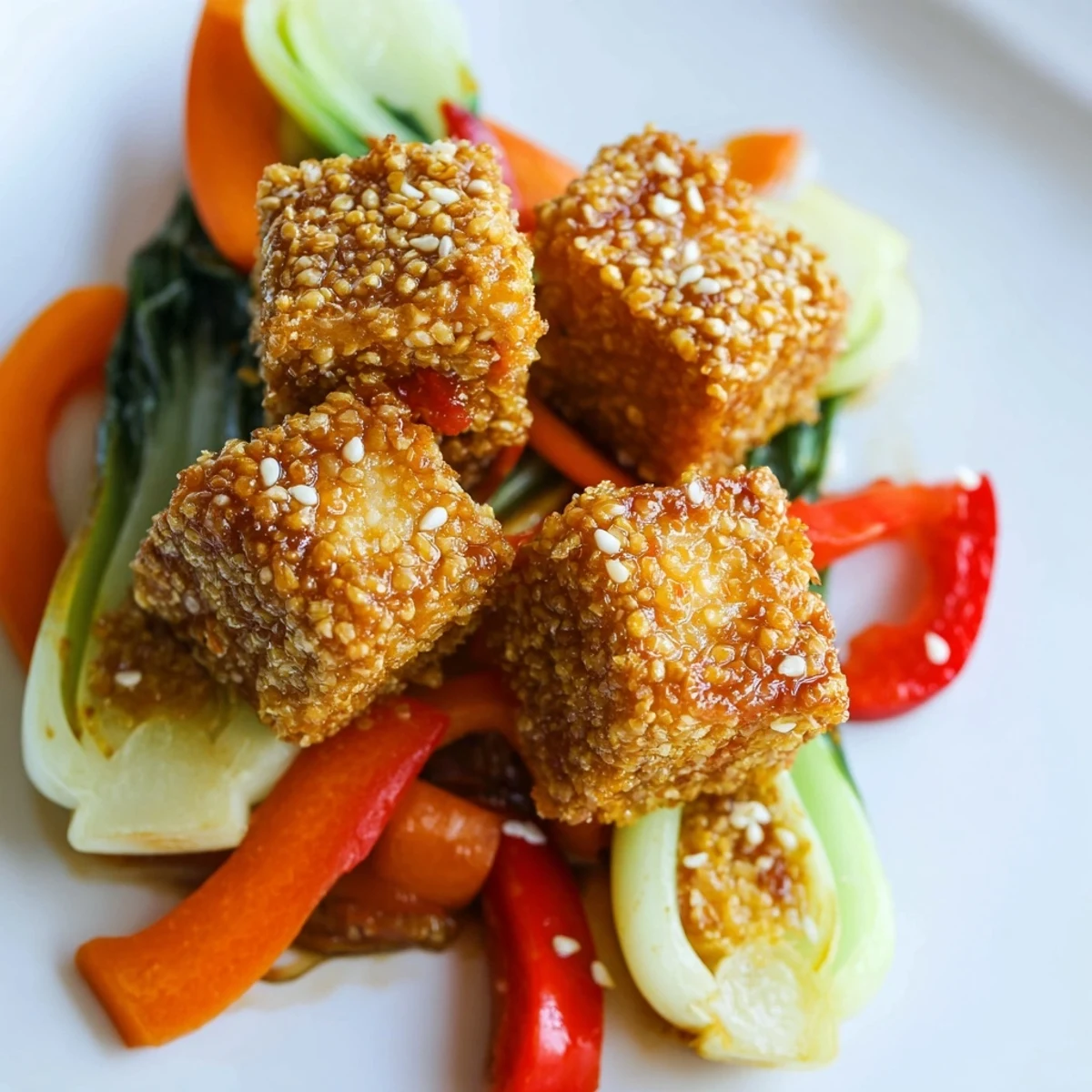 Golden crispy tofu cubes and vibrant green bok choy glisten in a savory garlic-ginger sauce in this stir fry.