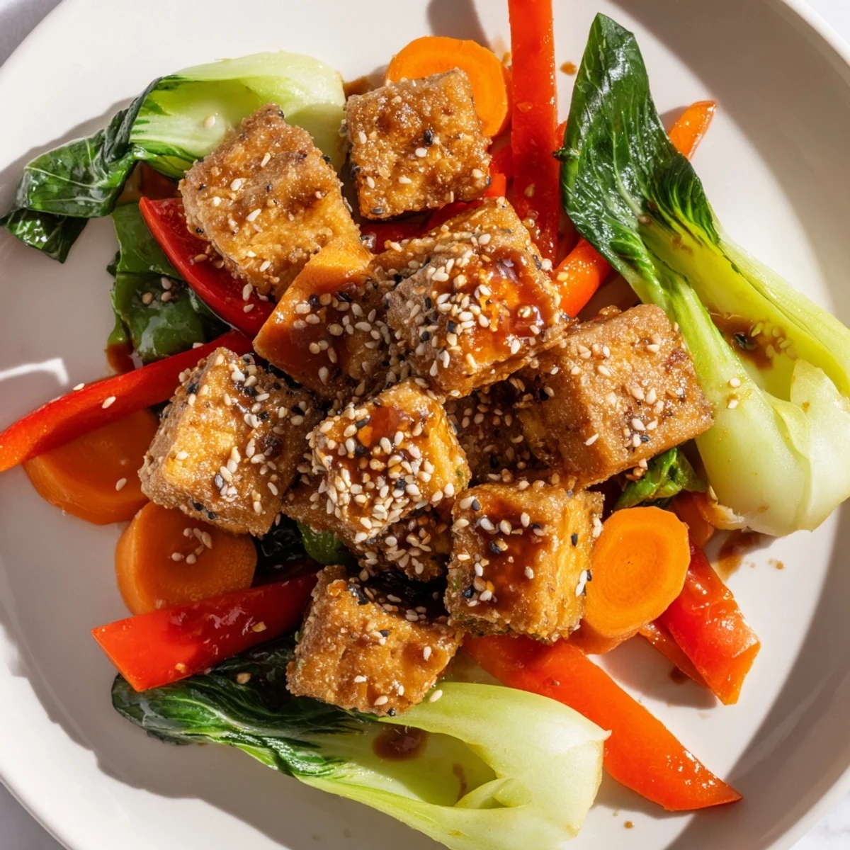 Crispy Tofu Stir Fry with Bok Choy is served warm over a bed of fluffy white rice.