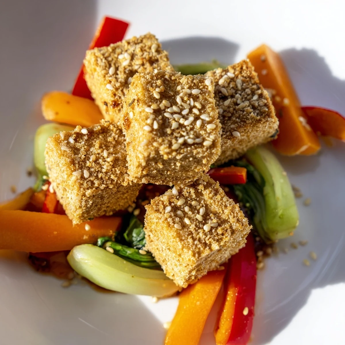 A close-up shows tender bok choy and red bell pepper tossed with golden tofu in a wok.