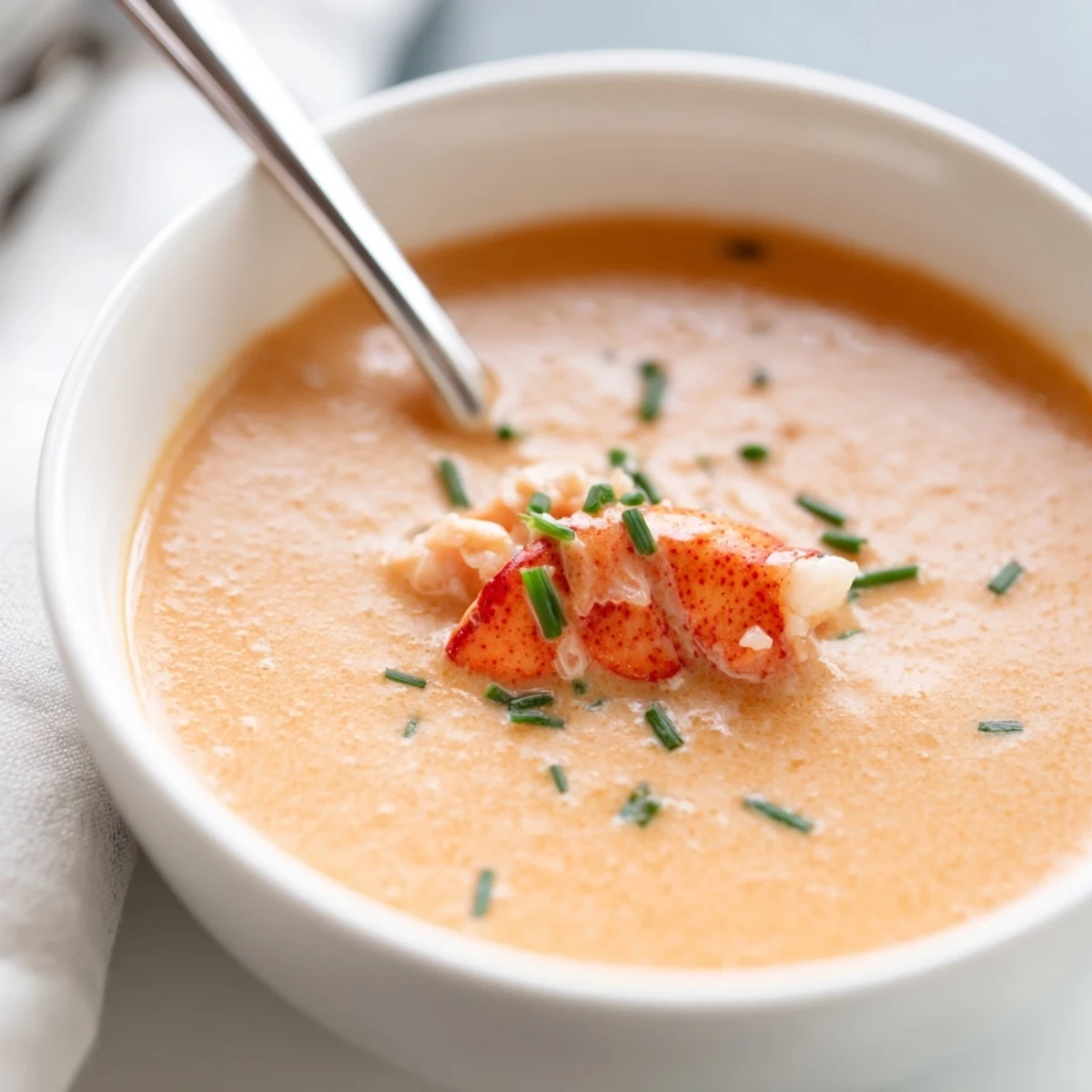 Velvety Creamy Lobster Bisque with a rich orange-red hue, served alongside lemon wedges and crusty bread for dipping.
