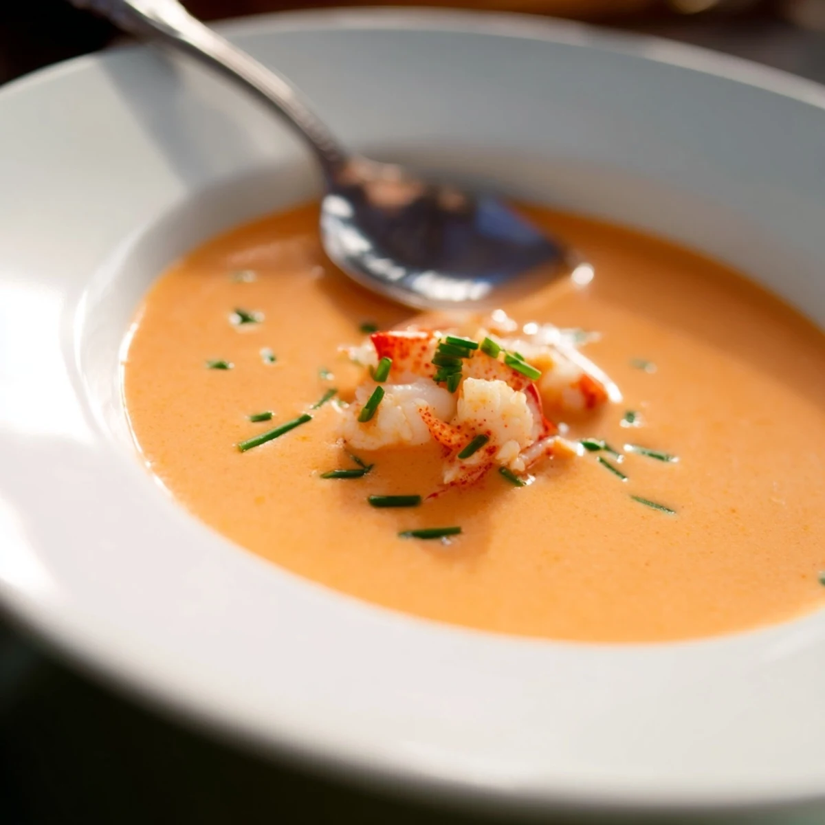 Deep orange Creamy Lobster Bisque in a rustic soup bowl, topped with fresh herbs and a drizzle of cream.
