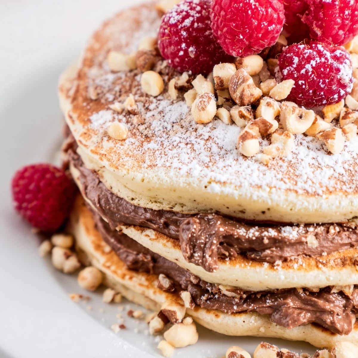 Warm Chocolate Hazelnut Spread Pancakes spread with creamy nutella, sprinkled with toasted chopped hazelnuts for extra crunch and rich flavor.