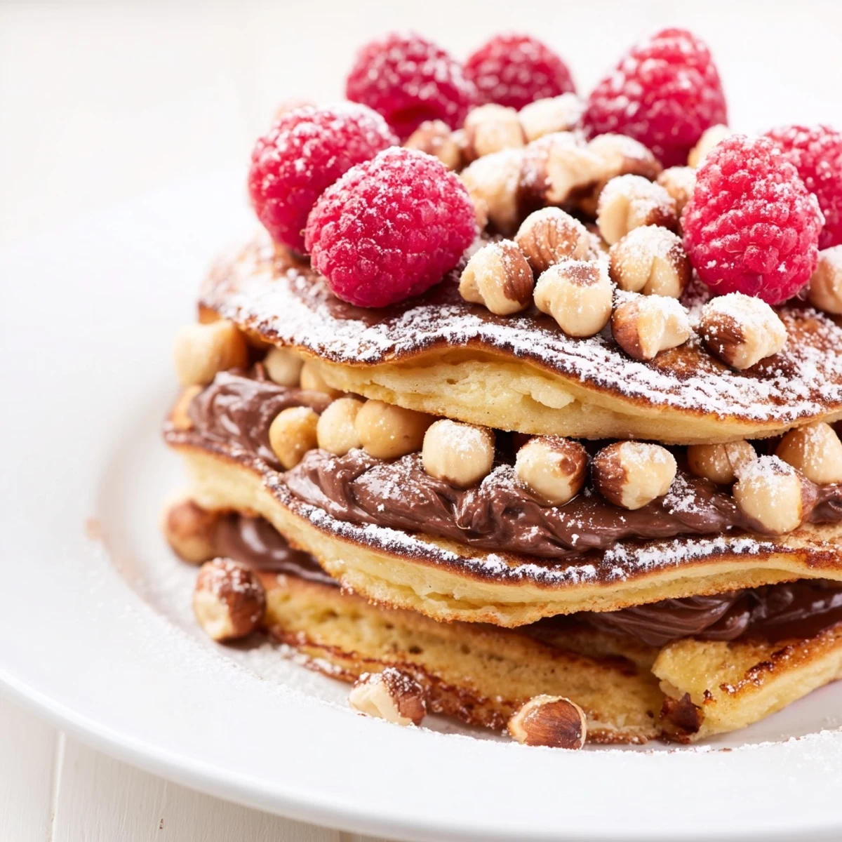 Golden Chocolate Hazelnut Spread Pancakes served with a side of mixed berries, perfect for a sweet breakfast or brunch treat.