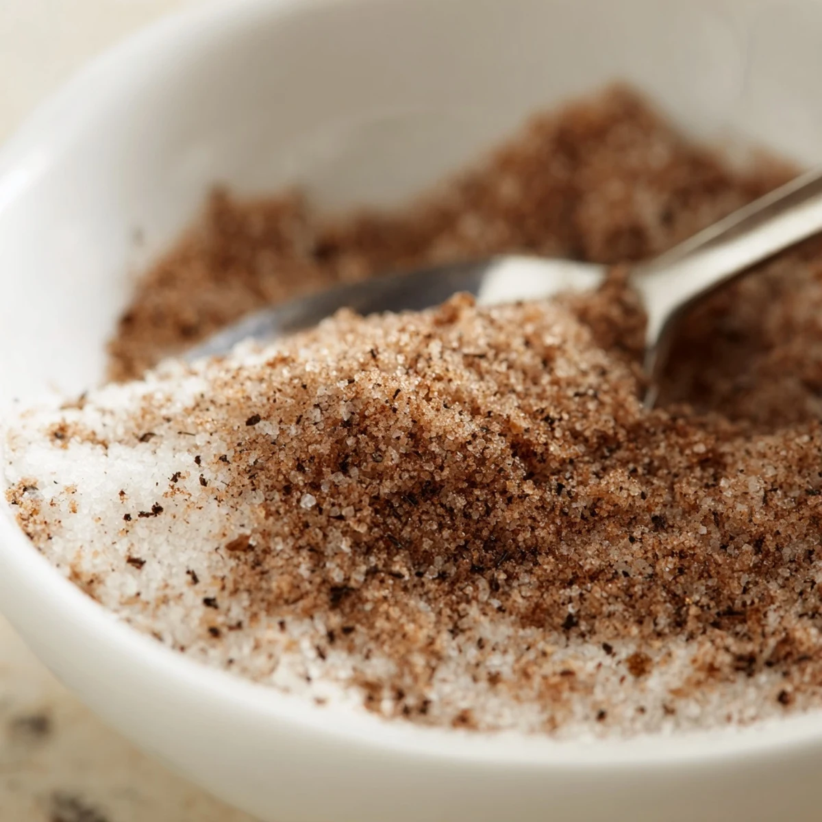 A close-up of Spiced Cinnamon Sugar in a glass jar with a wooden spoon, ready to sprinkle on warm oatmeal or baked goods.