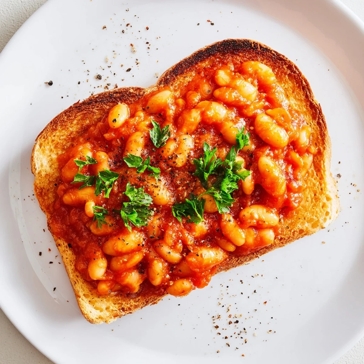 Hearty Baked Beans with Toast served hot, buttery toast smothered in rich tomato sauce for a comforting meal.