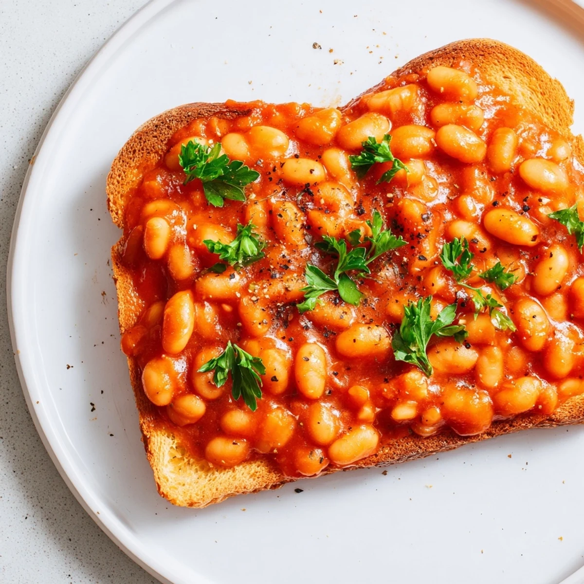 Golden-brown toast topped with steaming Baked Beans with Toast, garnished with fresh parsley and black pepper.