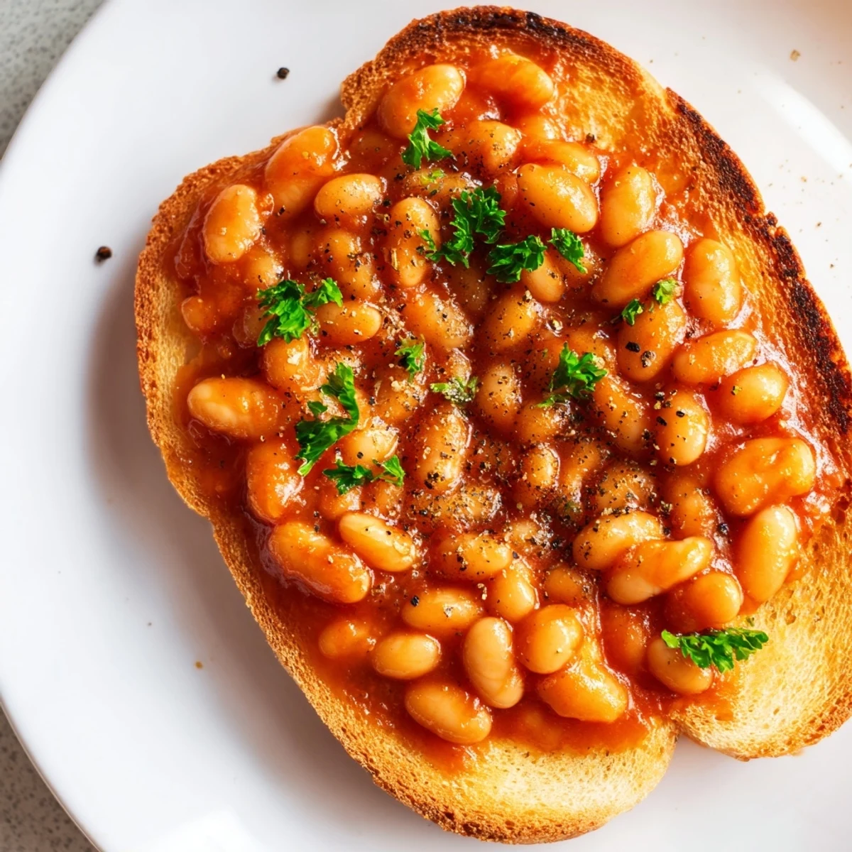 Savory Baked Beans with Toast plated with a side of parsley, ideal for a quick vegetarian dinner.
