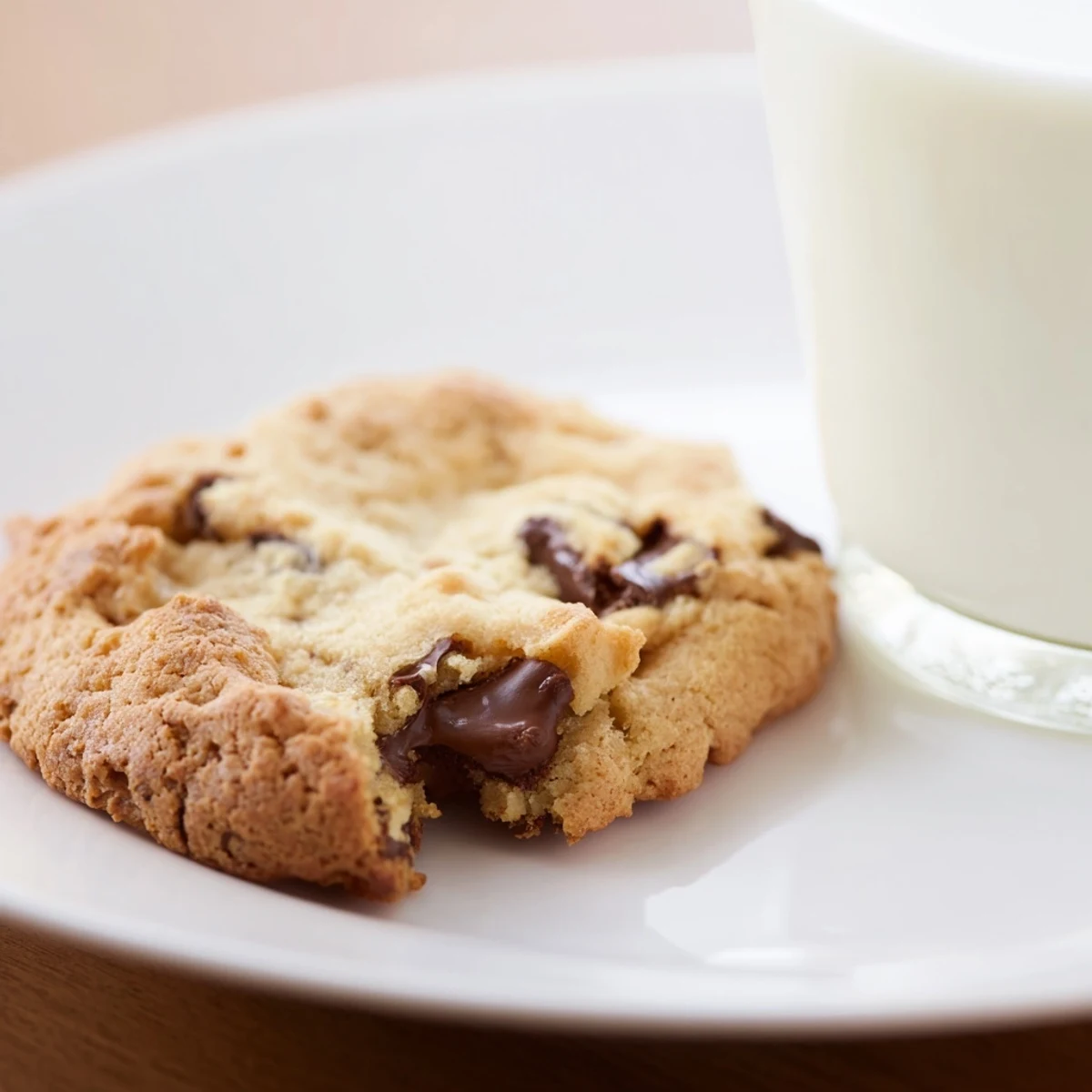 A warm glass of Creamy Milk with Cookie, featuring a rich vanilla-scented beverage paired with a freshly baked chocolate chip treat.