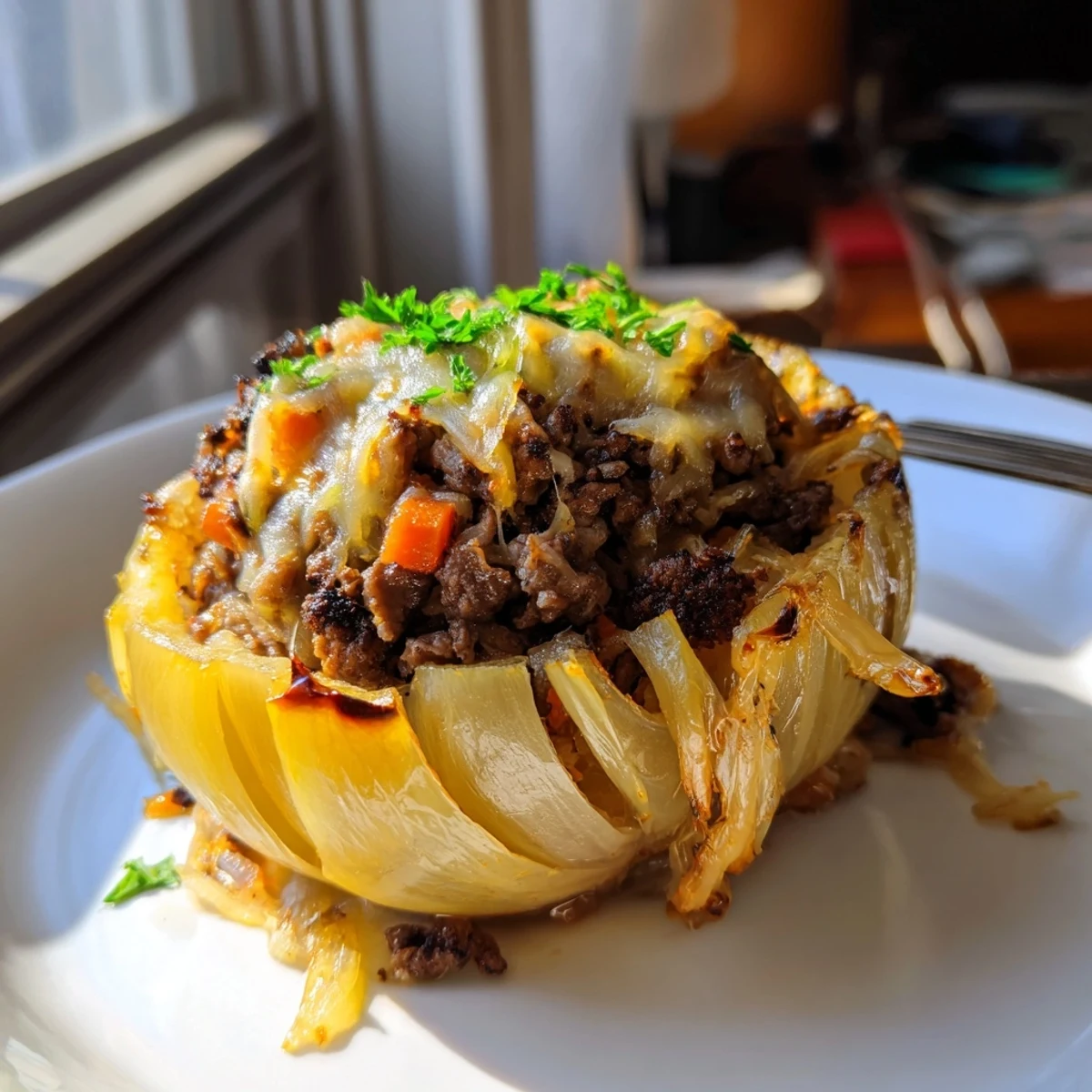 Golden roasted onions stuffed with savory beef filling, topped with melted Parmesan in a baking dish.