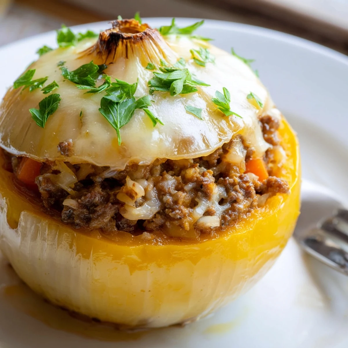 Close-up of roasted onion halves filled with beef and herbs, garnished with fresh parsley on a plate.