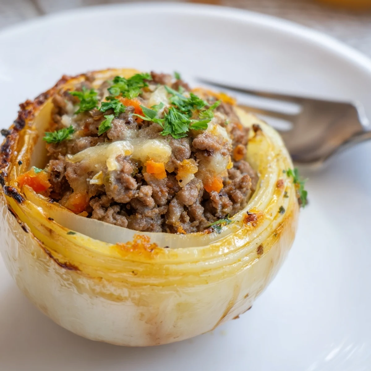 Tender roasted onion with seasoned ground beef, carrots, and celery, served as a main dish.