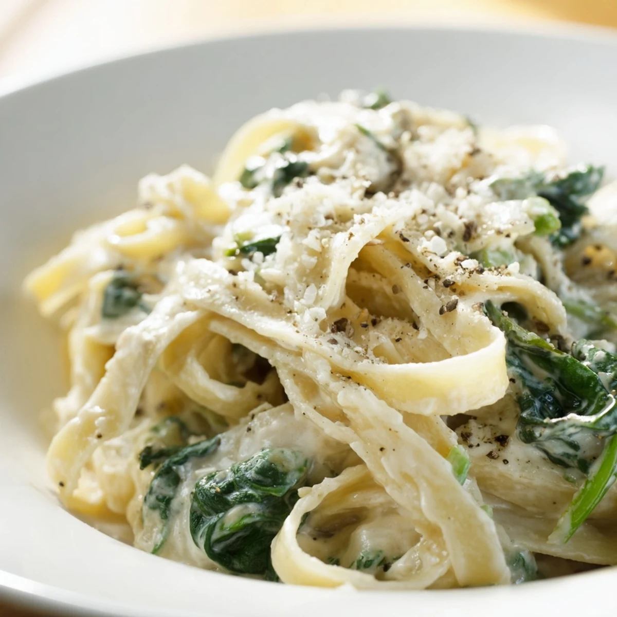 A close-up of Creamy Spinach Pasta with Garlic sizzling in a skillet. Steam rises from the warm, velvety sauce clinging to fettuccine and wilted spinach. Freshly cracked black pepper and garlic add inviting savory aroma.