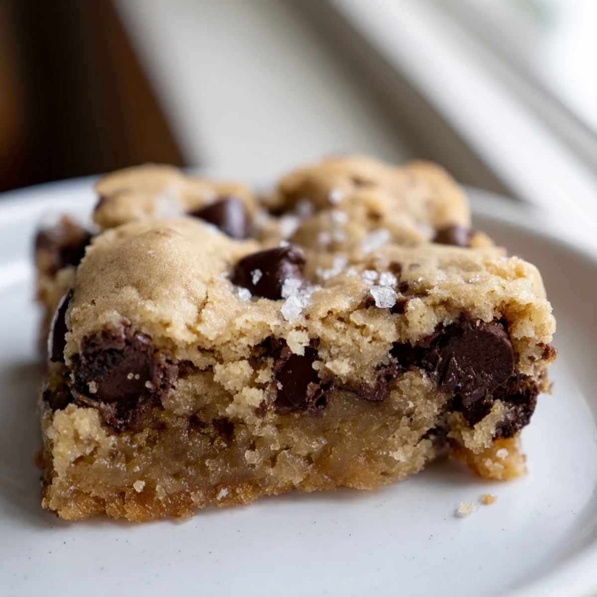 Golden-brown Chocolate Chip Cookie Bars stacked high, revealing gooey melted chocolate chips and soft, chewy edges.
