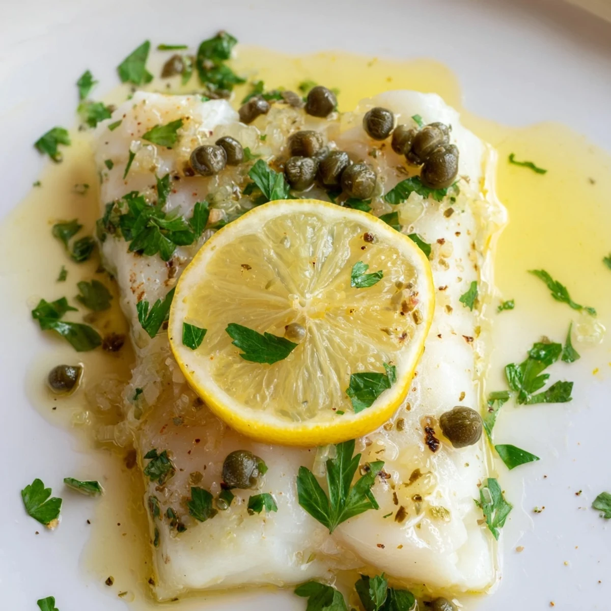 Sizzling Baked Cod with Lemon and Capers fresh from the oven with fluffy roasted potatoes on the side.