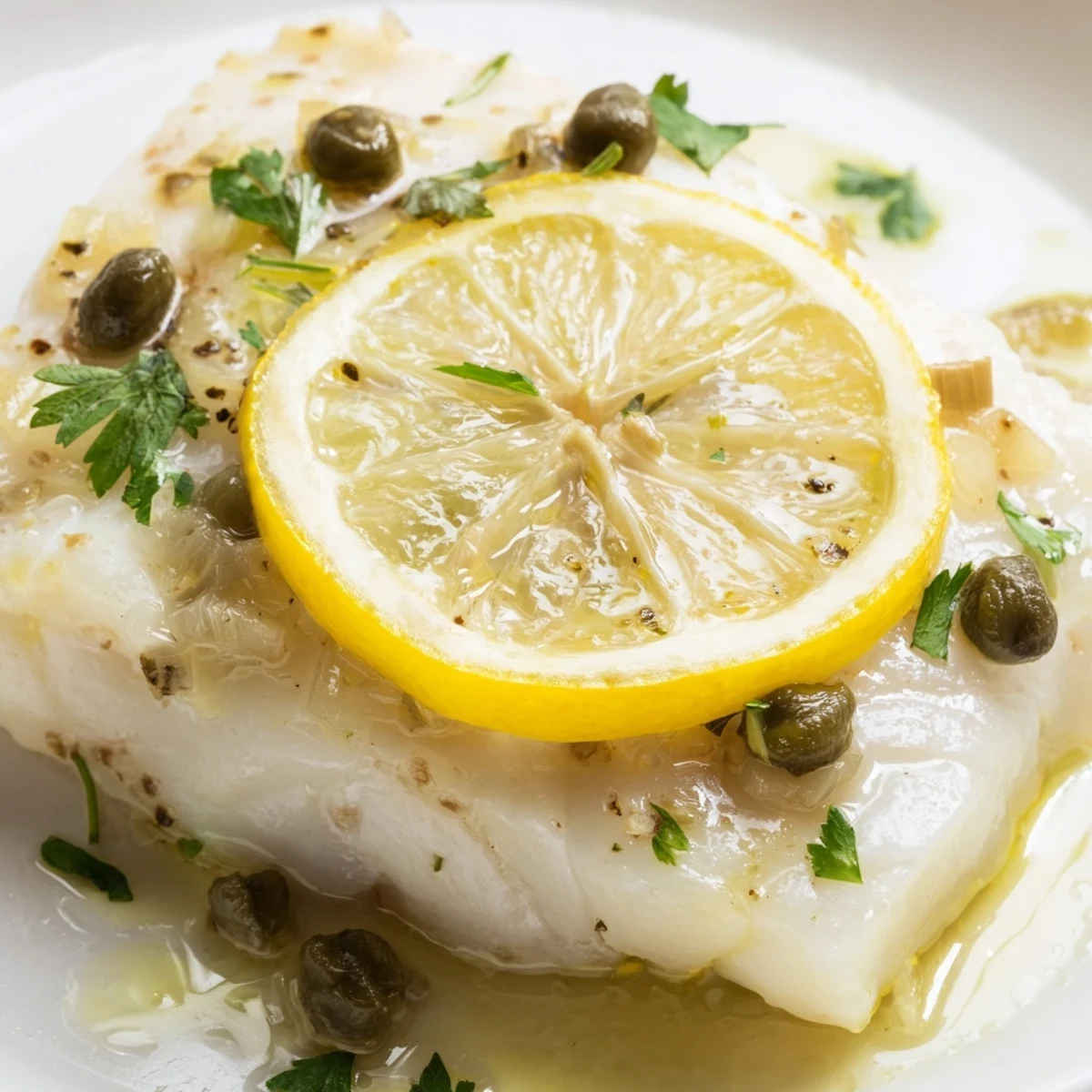 Perfectly baked Baked Cod with Lemon and Capers fillets garnished with fresh parsley and lemon slices.