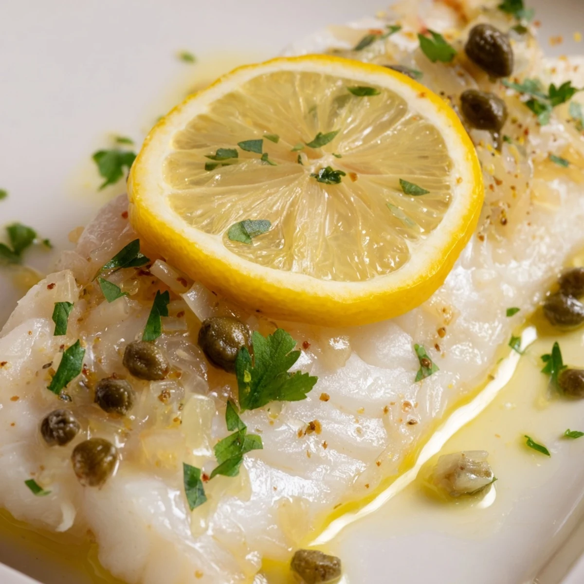 Close-up of tender Baked Cod with Lemon and Capers topped with briny capers and minced shallots.
