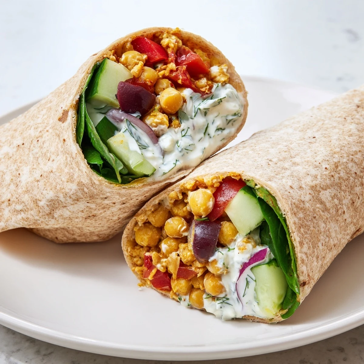 Freshly rolled Mediterranean Chickpea Wraps with spinach, cucumber, and tomatoes displayed on a rustic wooden board.