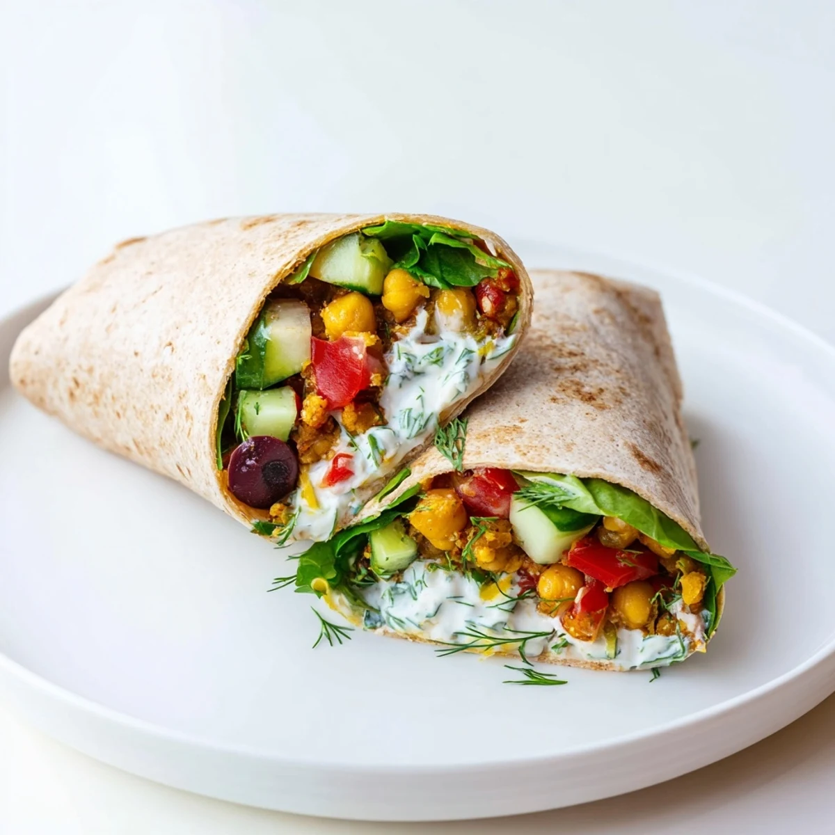 Golden sautéed Mediterranean Chickpea Wraps stuffed with crisp veggies and creamy yogurt sauce, ready to eat.