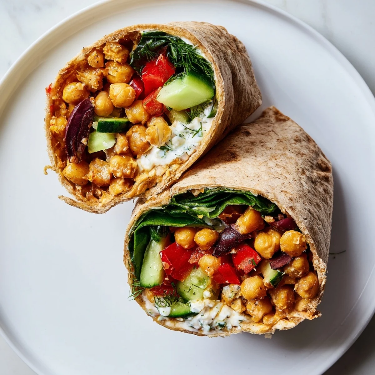 Colorful Mediterranean Chickpea Wraps cut in half, showing tangy yogurt sauce and spiced chickpea filling, served for lunch.