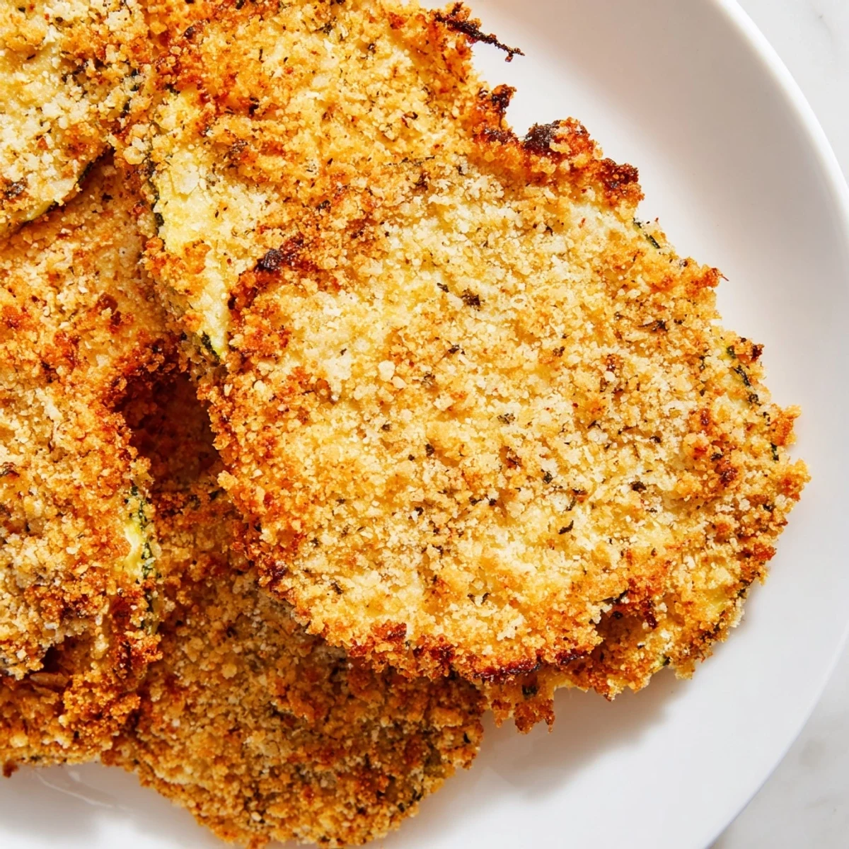 Close-up of crunchy Crispy Air Fryer Zucchini Chips with a textured breadcrumb coating, ready to be eaten as a snack.
