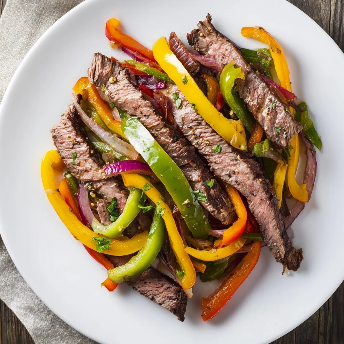 Sizzling beef fajitas with peppers and onions on a hot skillet, garnished with fresh cilantro and lime wedges.