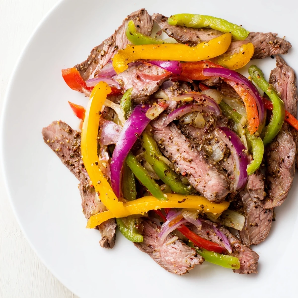 Golden seared beef strips and vibrant bell peppers, ready to be wrapped in soft tortillas with sour cream and pico.