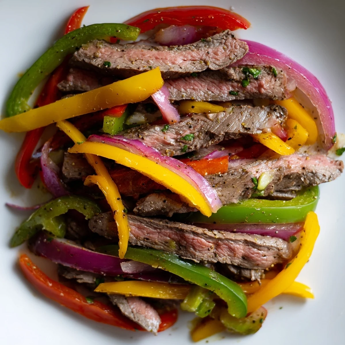 Colorful sautéed peppers and onions top tender beef fajitas, served warm with corn tortillas for a gluten-free Tex-Mex meal.