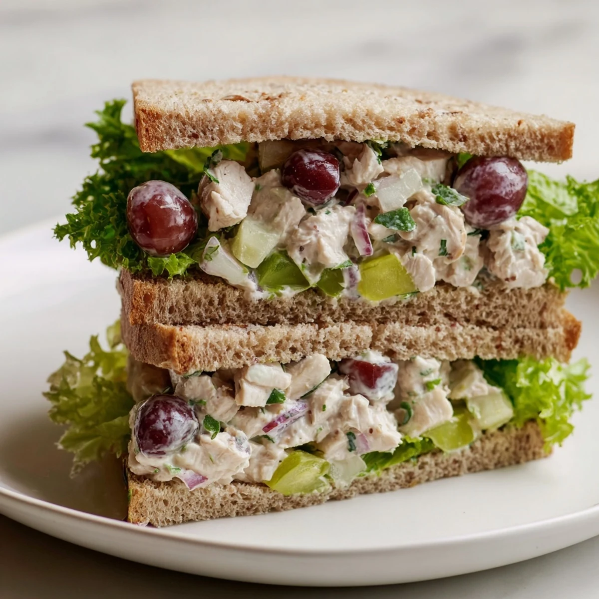Tangy Chicken Salad Sandwich with Grapes filled in butter lettuce cups, offering a low-carb lunch with crunchy celery and fresh herbs.