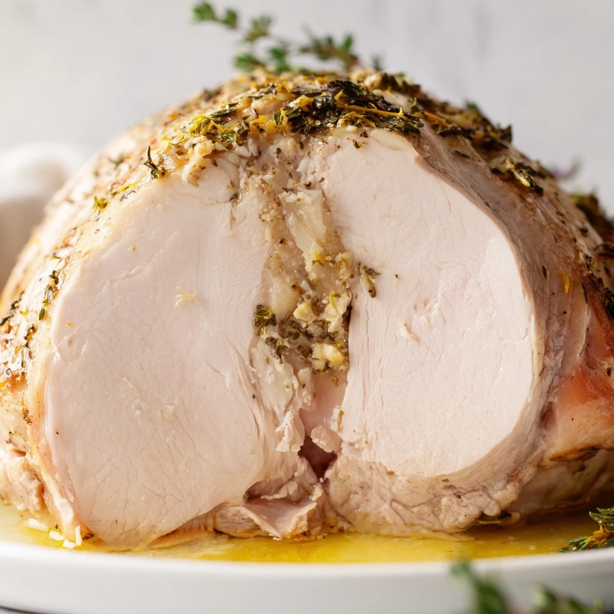 Roasted Lemon Herb Turkey Breast sliced to reveal juicy meat, served with fresh lemon and herbs.