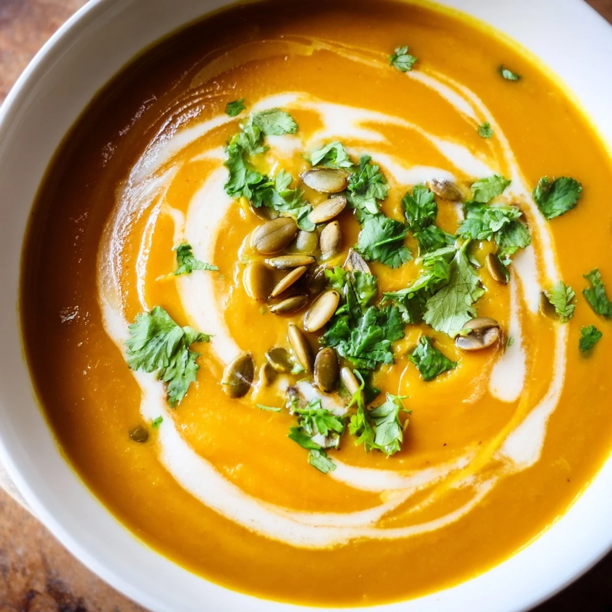 Roasted Butternut Squash Soup with Ginger steaming in a rustic bowl garnished with cilantro and pumpkin seeds