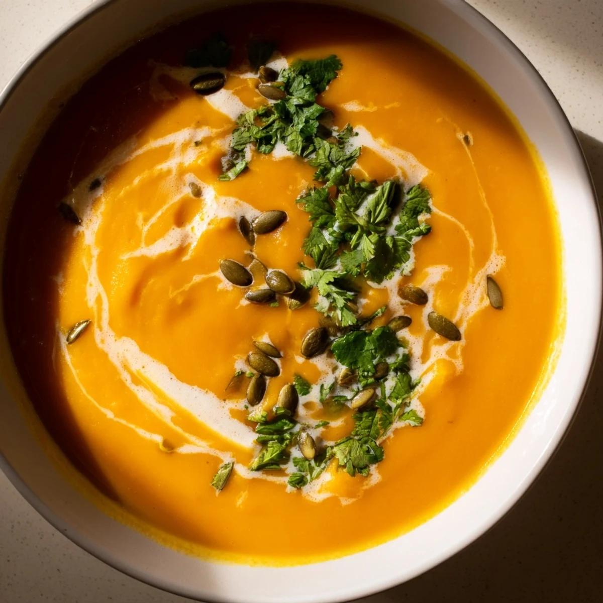 Creamy pureed Roasted Butternut Squash Soup with Ginger served in a cozy mug with a crusty bread slice