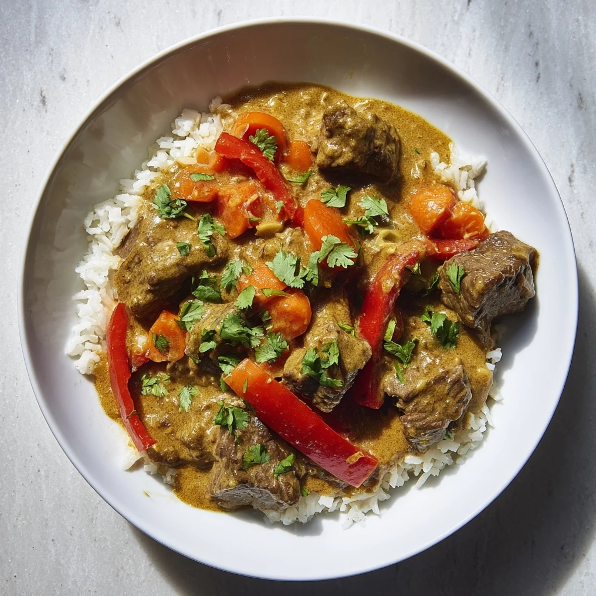 Slow Cooker Beef Curry with Coconut Milk simmering in a ceramic crockpot, featuring tender beef cubes and bright red bell peppers in a rich, creamy sauce.