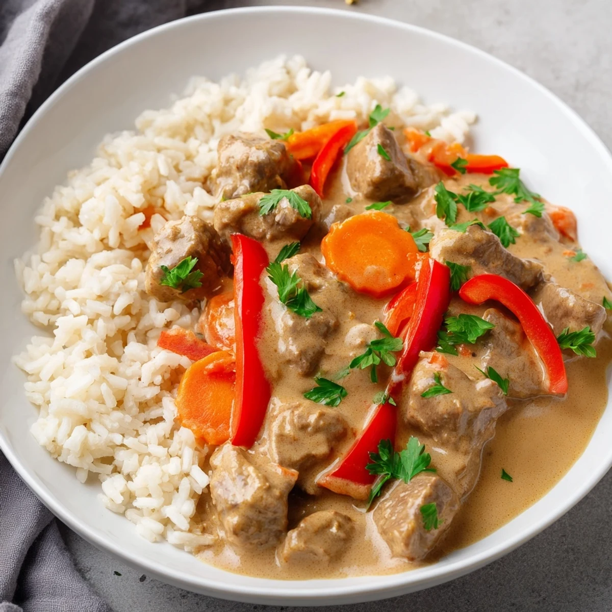 Steaming bowl of Slow Cooker Beef Curry with Coconut Milk served over fluffy basmati rice, garnished with fresh cilantro for a vibrant weeknight dinner.