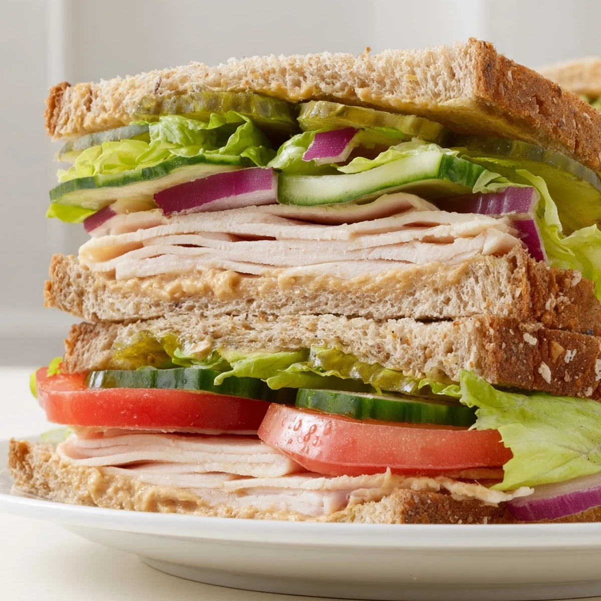 Freshly made Turkey Lunch Sandwich halves on a cutting board, showcasing layers of tender turkey, crisp lettuce, and juicy tomato.