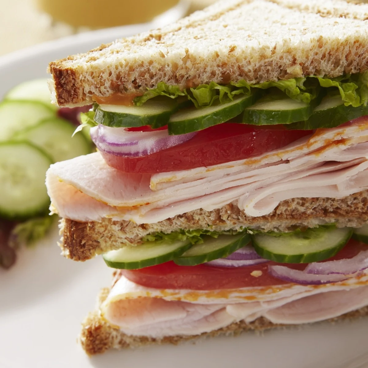 Cross-section of a delicious Turkey Lunch Sandwich revealing layers of turkey, fresh cucumber, and red onion, ready to be eaten.