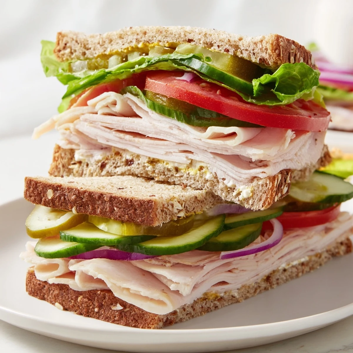 Classic Turkey Lunch Sandwich stacked high with crisp veggies and creamy mayo, served on wheat bread for a quick lunch.